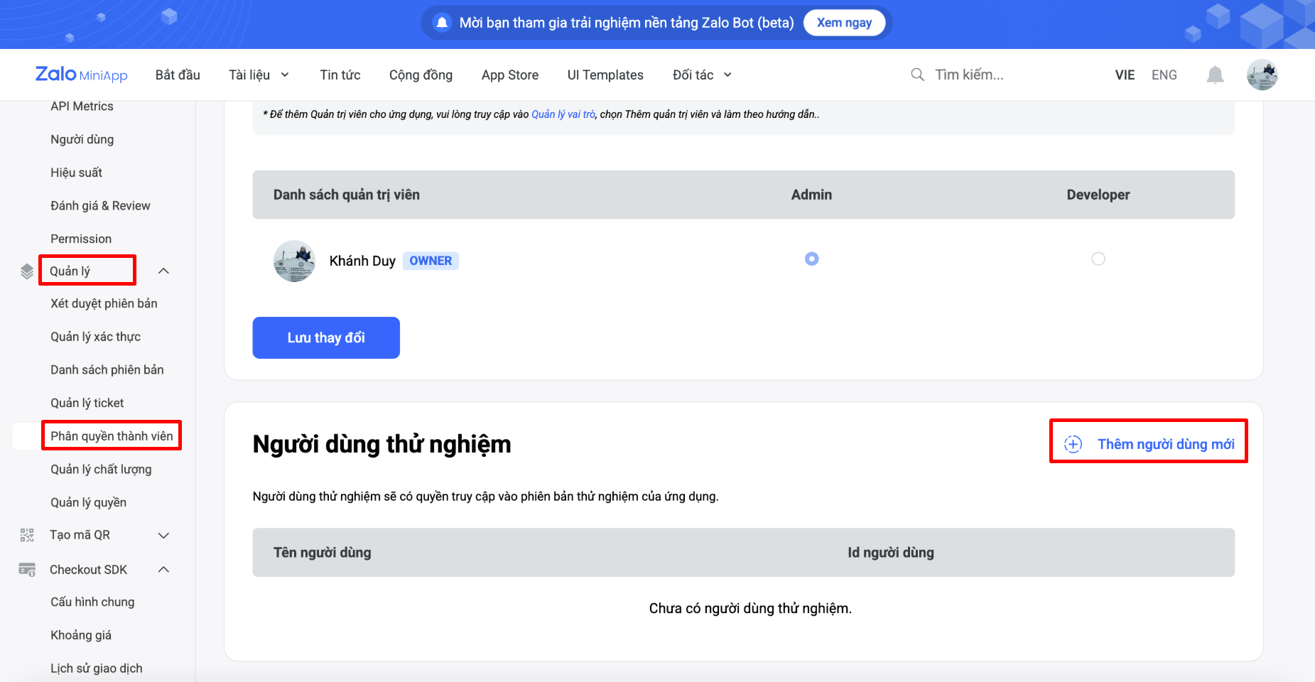 Quản lý Mini App